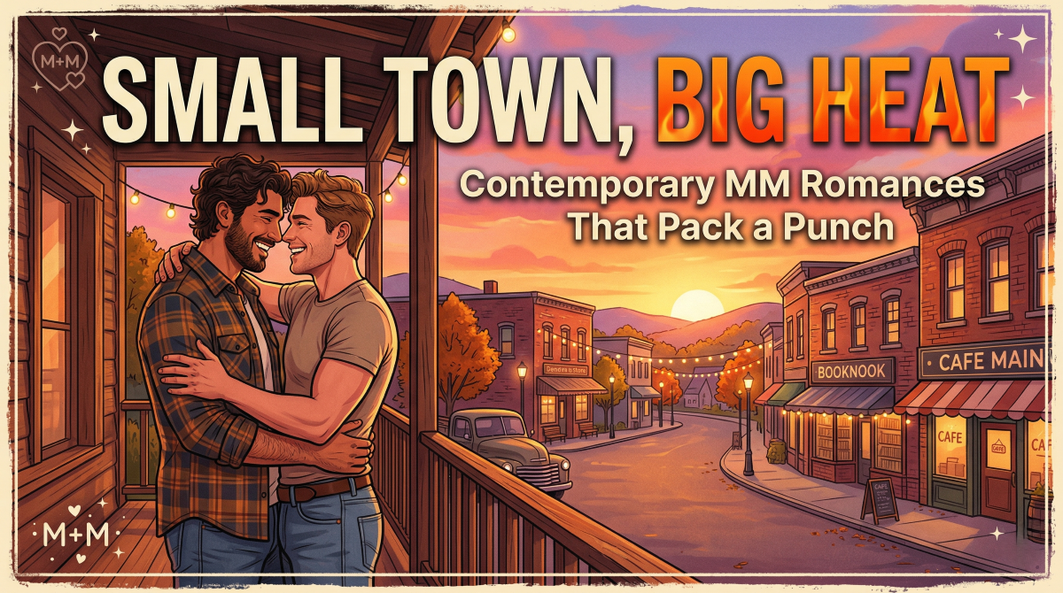 small town contemporary mm romance. Two men in a small town facing each other and are about to kiss